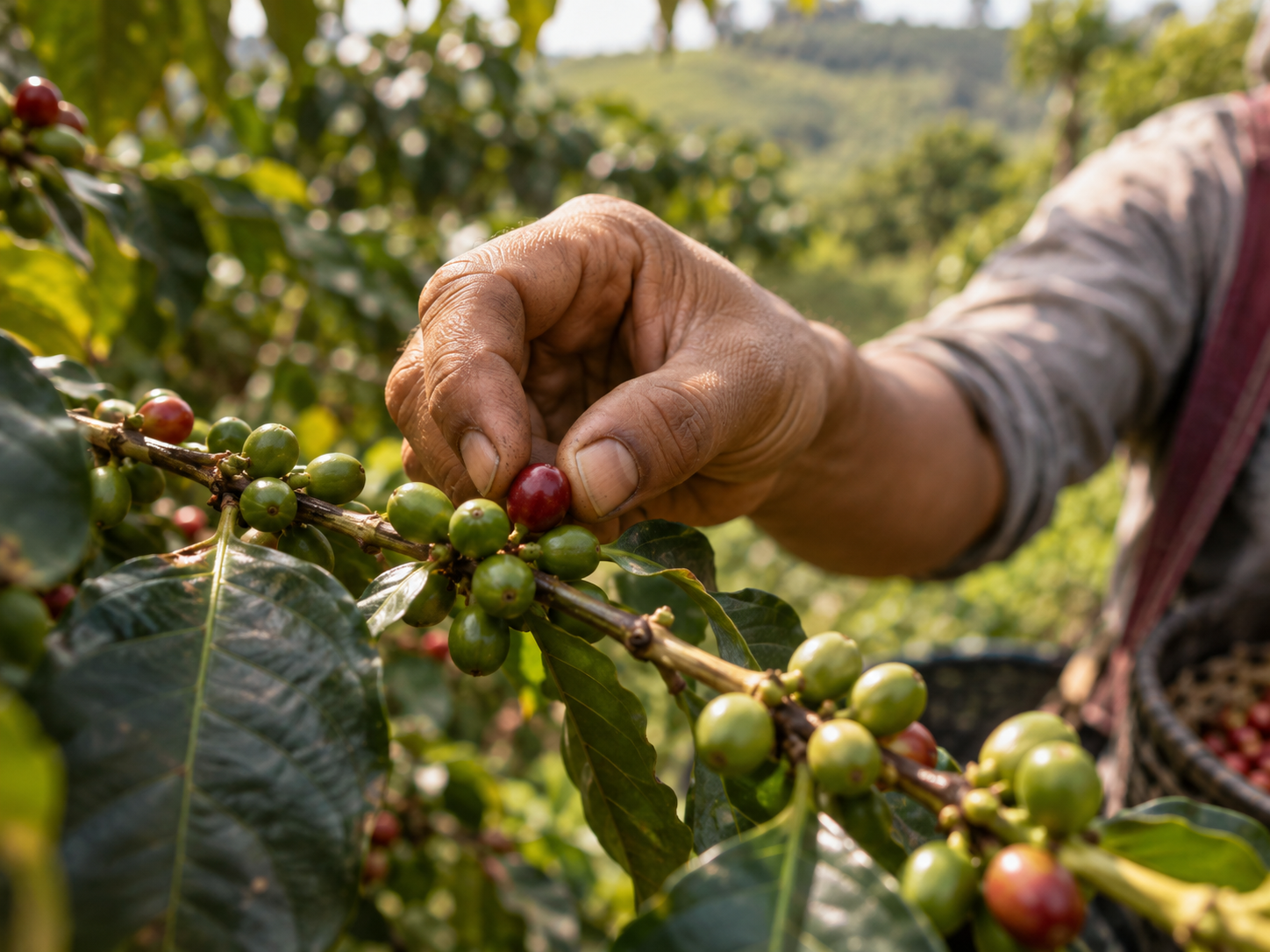 Hand pflückt eine reife rote Kaffeekirsche vom Strauch, daneben unreife grüne Kirschen