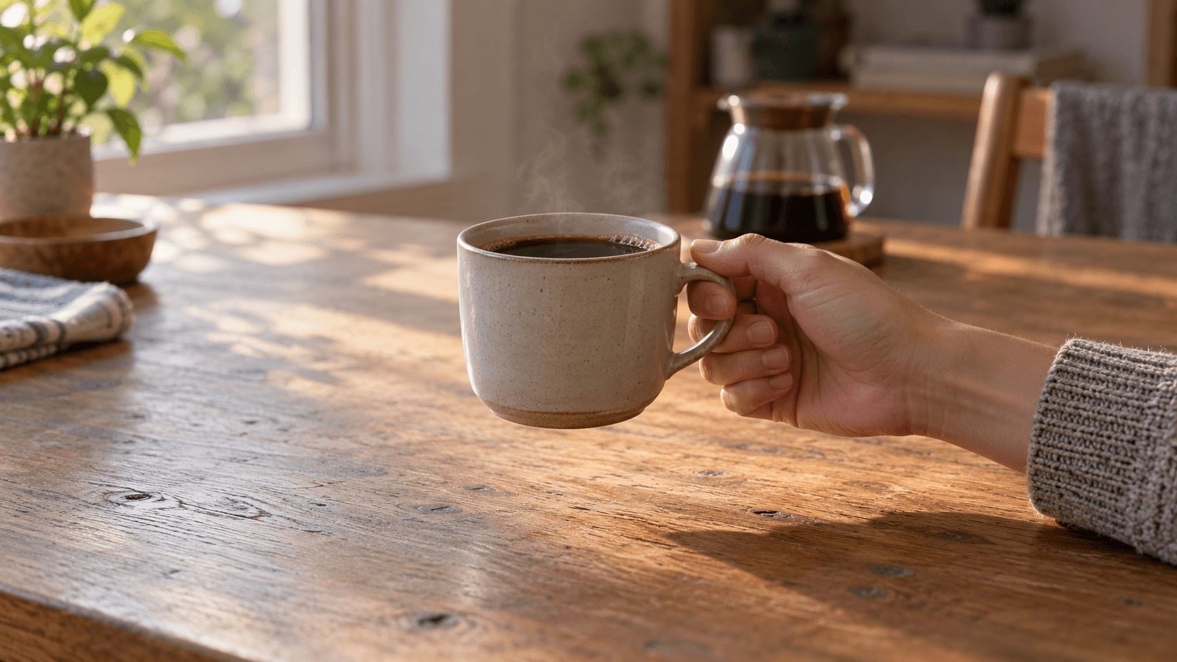 Eine Hand hebt eine Tasse schwarzen Kaffee vom Tisch, im Hintergrund eine unscharfe Karaffe