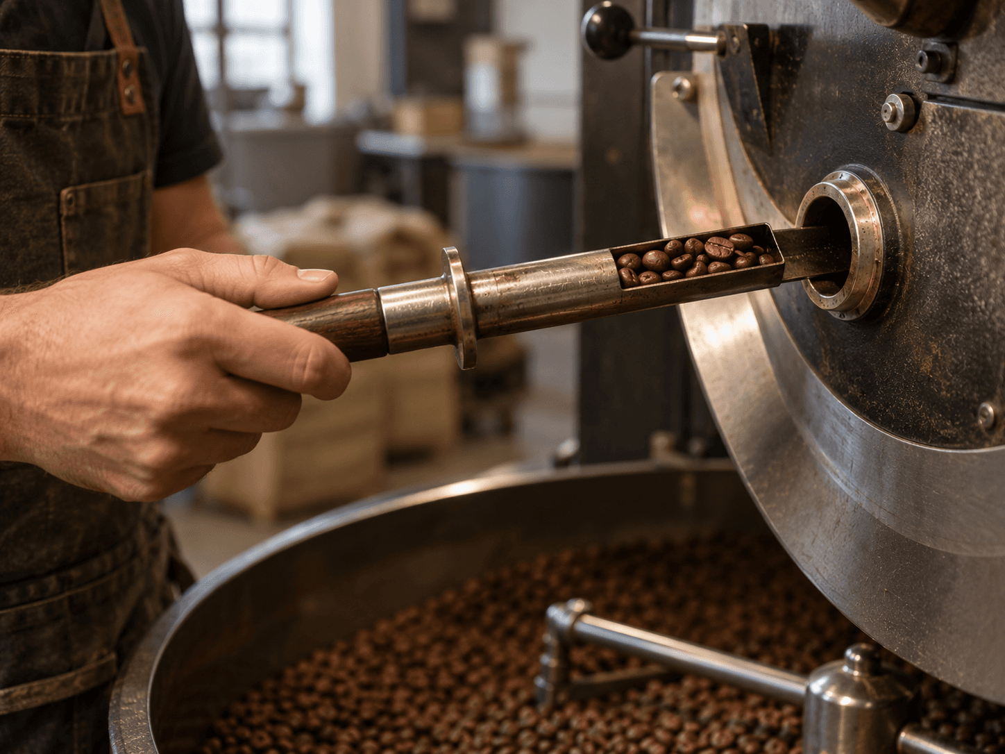 Eine Hand zieht einen mit Kaffeebohnen gefüllten Probenzieher teilweise aus einer Röstmaschine