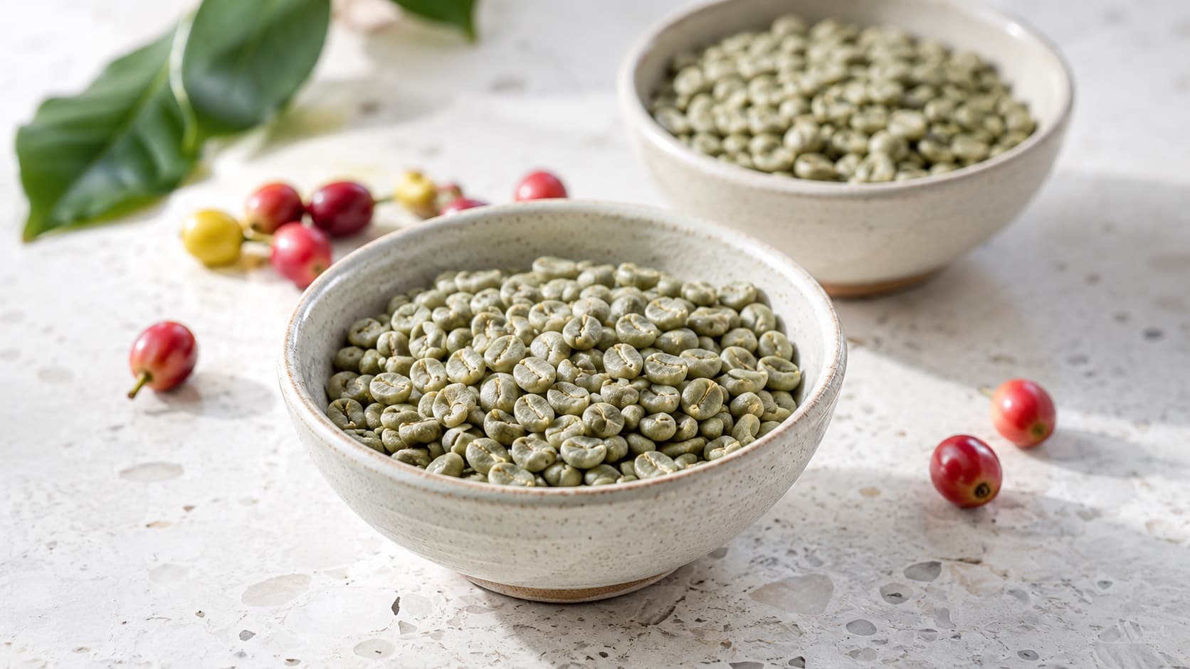 Zwei Keramikschalen mit ungerösteten grünen Kaffeebohnen, daneben rote und gelbe Kaffeekirschen und ein Zweig mit mehreren Kaffeeblättern