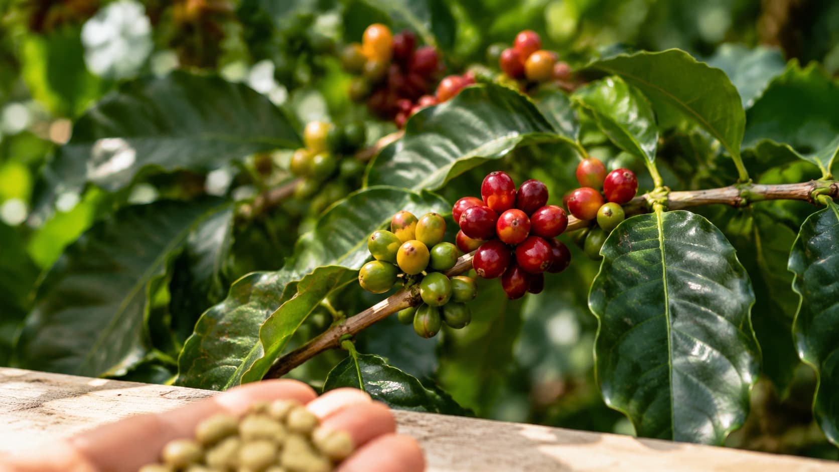 Kaffeekirschen in Reifestadien von grün über gelb bis dunkelrot an einem Zweig; im Vordergrund eine Hand mit grünen Rohbohnen