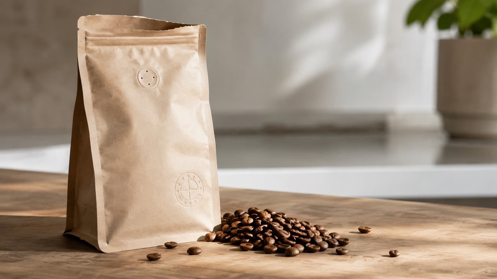 Geöffnete Kaffeetüte aus Kraftpapier mit Aromaventil und Zipverschluss, daneben ein Häufchen gerösteter Bohnen